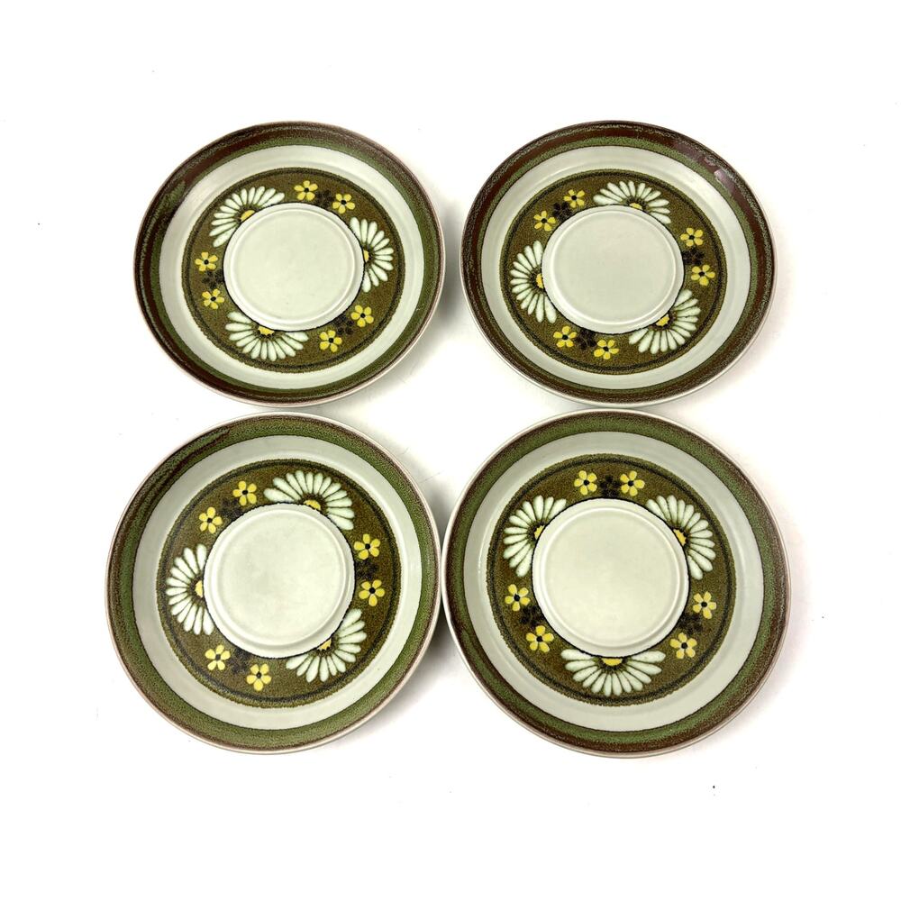 Vintage Mikasa Stonekraft Stoneflower‎ Avocado Green Daisy Saucer Japan Set 4